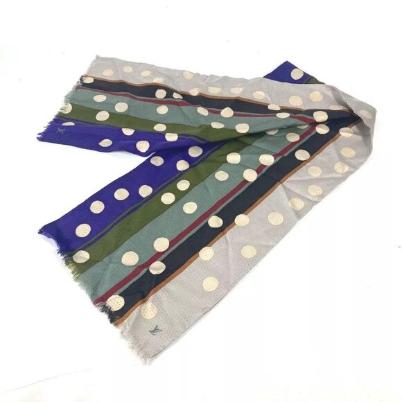 LOUIS VUITTON Dot polka dots LV logo Fringe Scarf Stole/Shawl silk Beige/purple - Picture 7 of 10